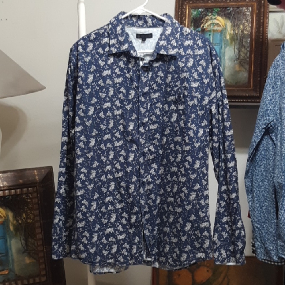 Mens Dress Shirt Sz XL Cotton Floral Flower Print Exotic Long Sleeve Blue SMASH